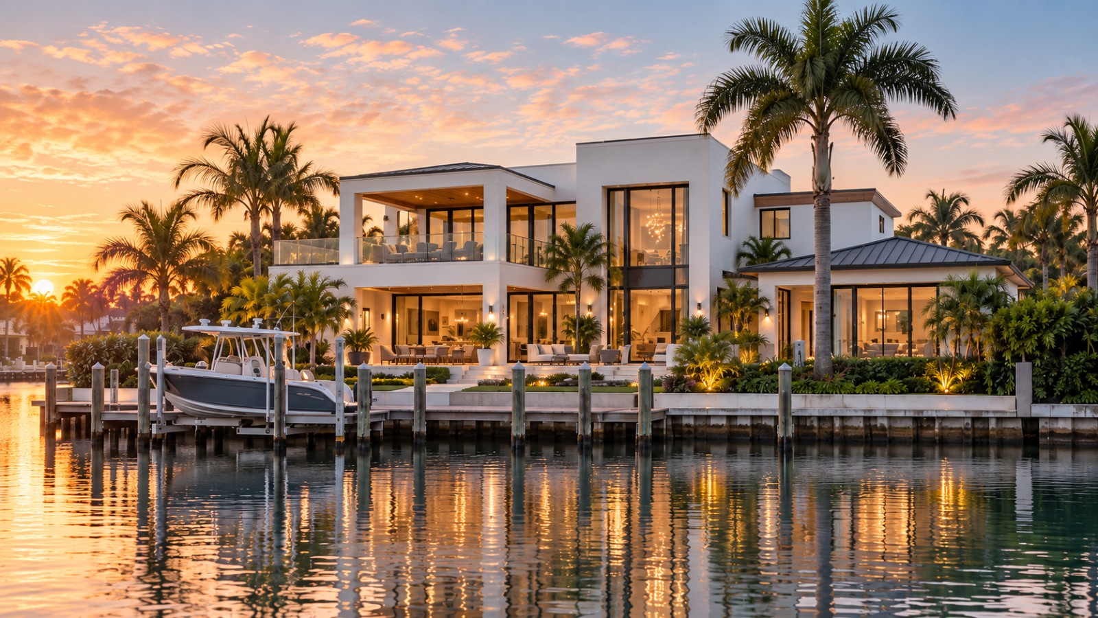 New custom waterfront home on a St. Petersburg canal at sunrise